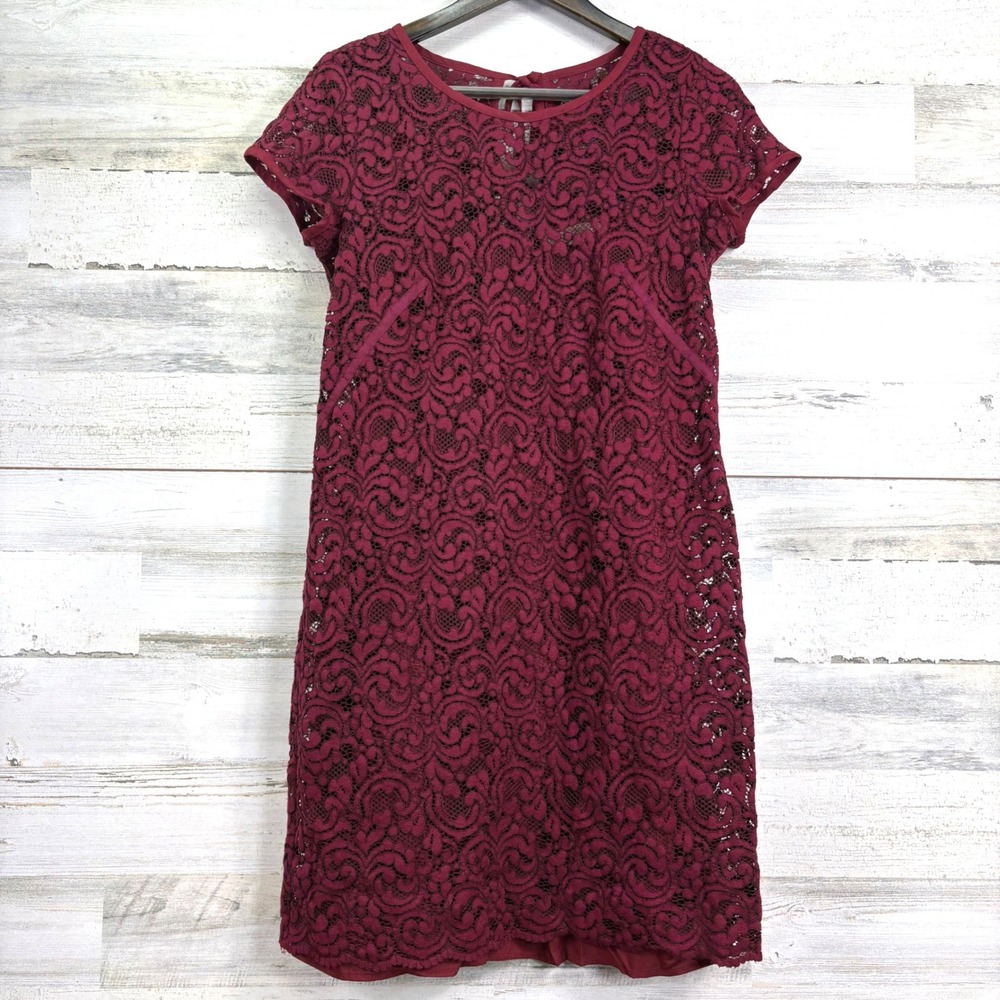 LOFT Burgundy Floral Lace Overlay Shift‎ Dress Short Sleeve Wine Red Size 6